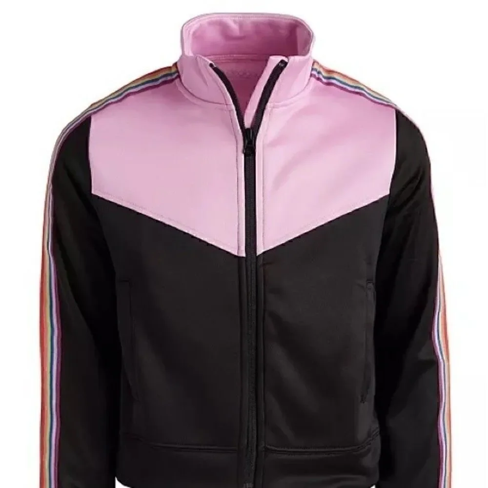 New Ideology Big Girls Rainbow Striped Track Jacket Pink/Black sweater size 14